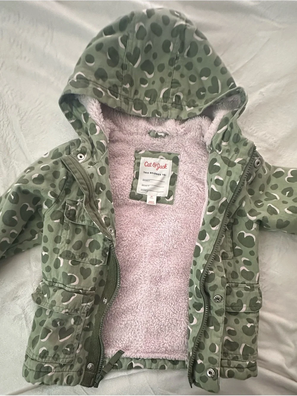 Cat & Jack Olive Green Heart Print Hooded Puffer Jacket